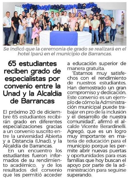 Medio regional destaca graduación de 65 especialistas formados por la UNAD y la Alcaldía de Barrancas