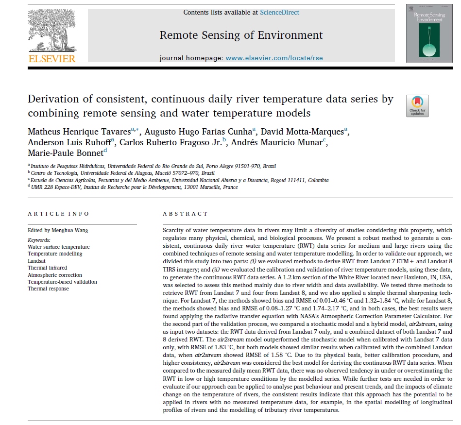 Nuevo método para calibrar modelos de temperatura en grandes y medianos ríos, es el más reciente aporte académico de ECAPMA a Remote Sensing of Environment