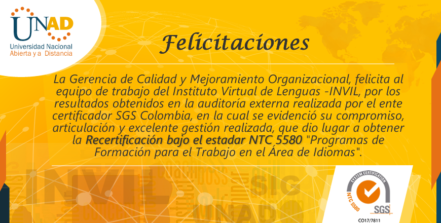Mensaje de Felicitación al Instituto Virtual de Lenguas por Recertificación bajo el estandar NTC 5580