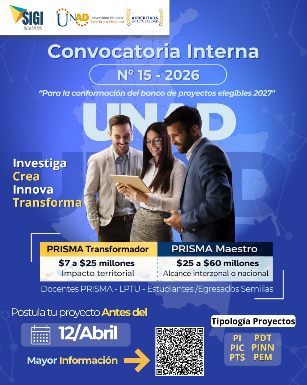 Abierta convocatoria N° 15 de 2026 para la conformación de proyectos de investigación, innovación y emprendimiento para transformar territorios.
