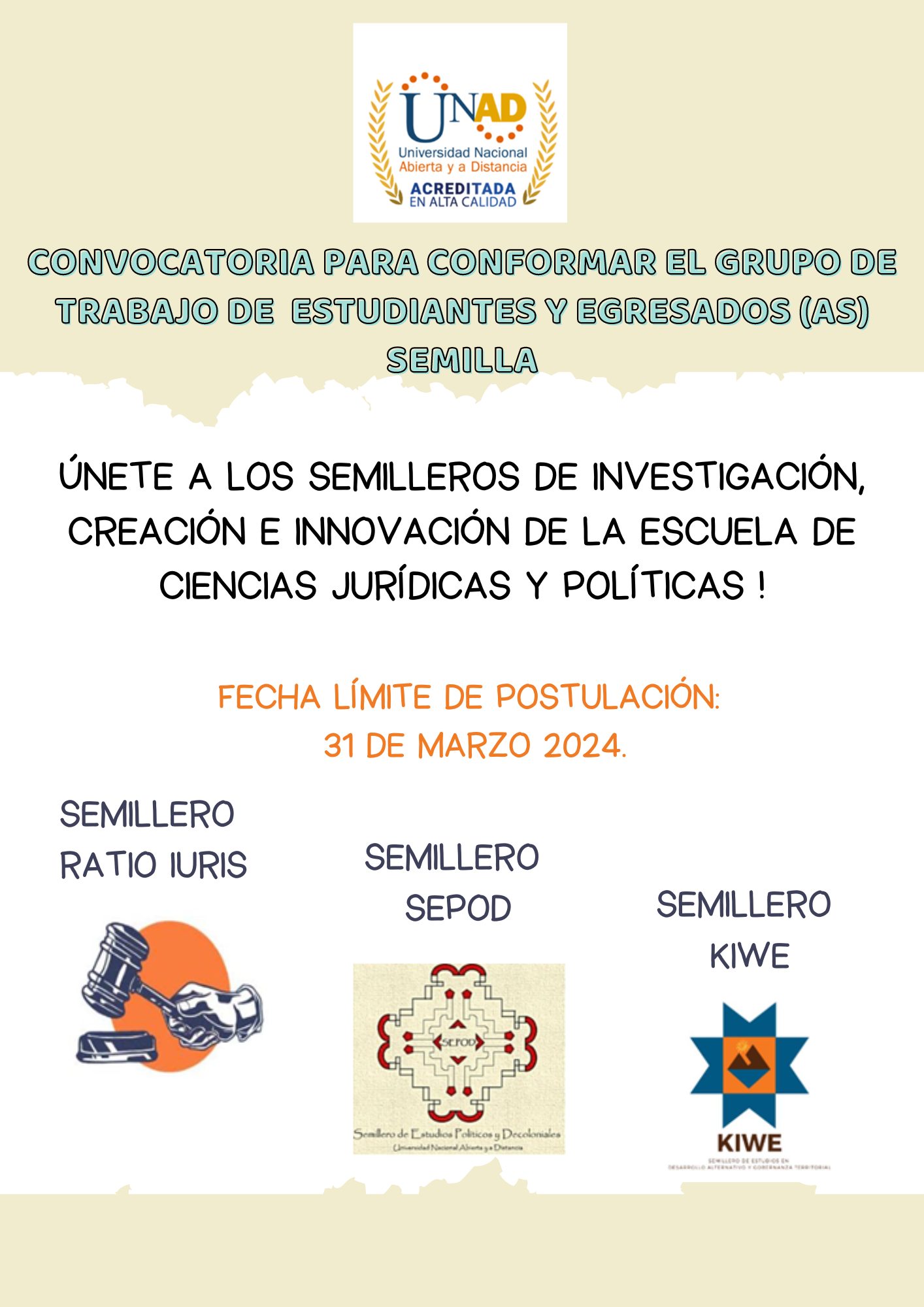 Convocatoria N° 05 de 2024  para selección de estudiantes y egresados semilla para la Escuela de Ciencias Jurídicas y Políticas