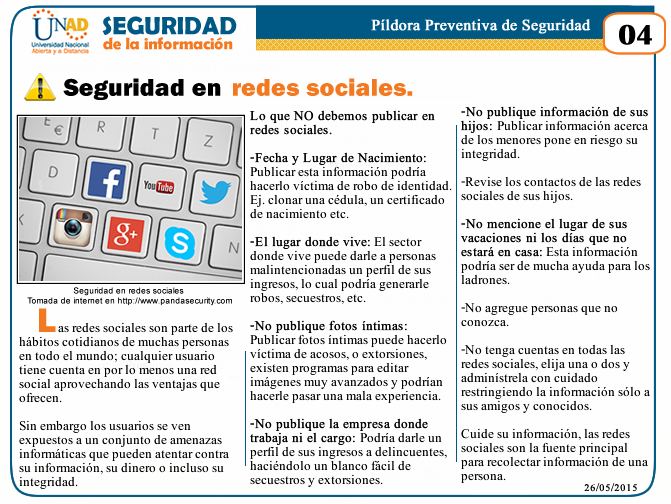 Seguridad en redes sociales :  Píldora Preventiva de Seguridad de la Información No. 04-2015