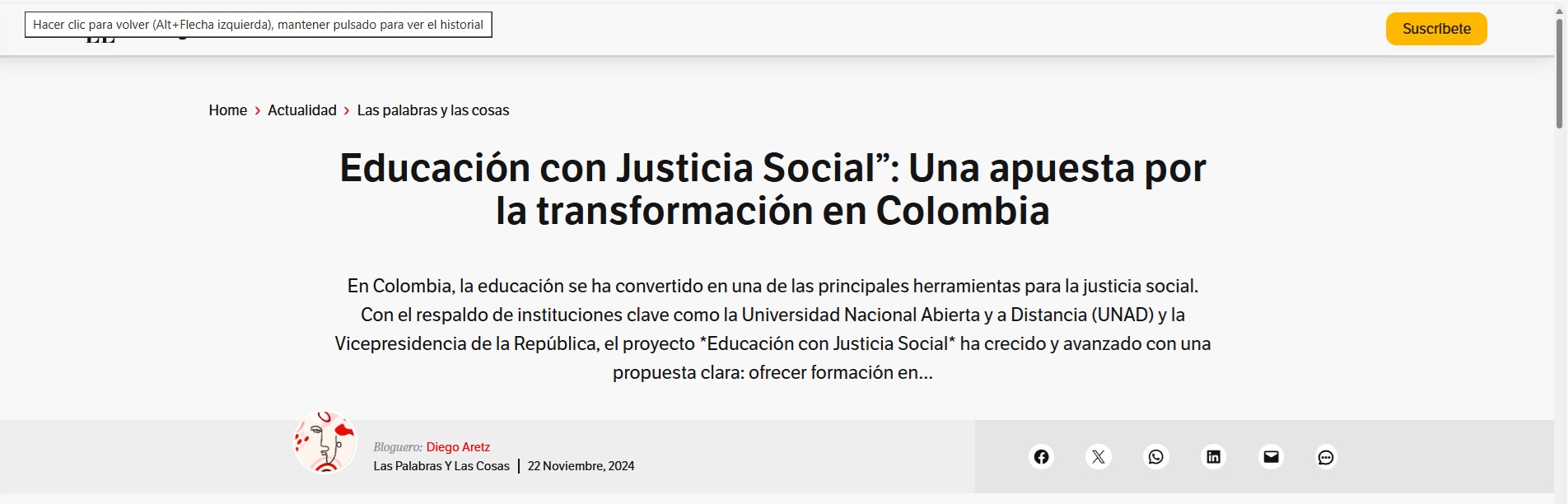 El Espectador destacó la iniciativa de la UNAD, Educación con Justicia Social